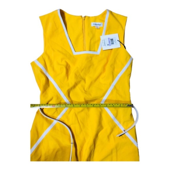 Calvin klein yellow white color block square neck belted sheath dress size 6 new - Picture 14 of 16